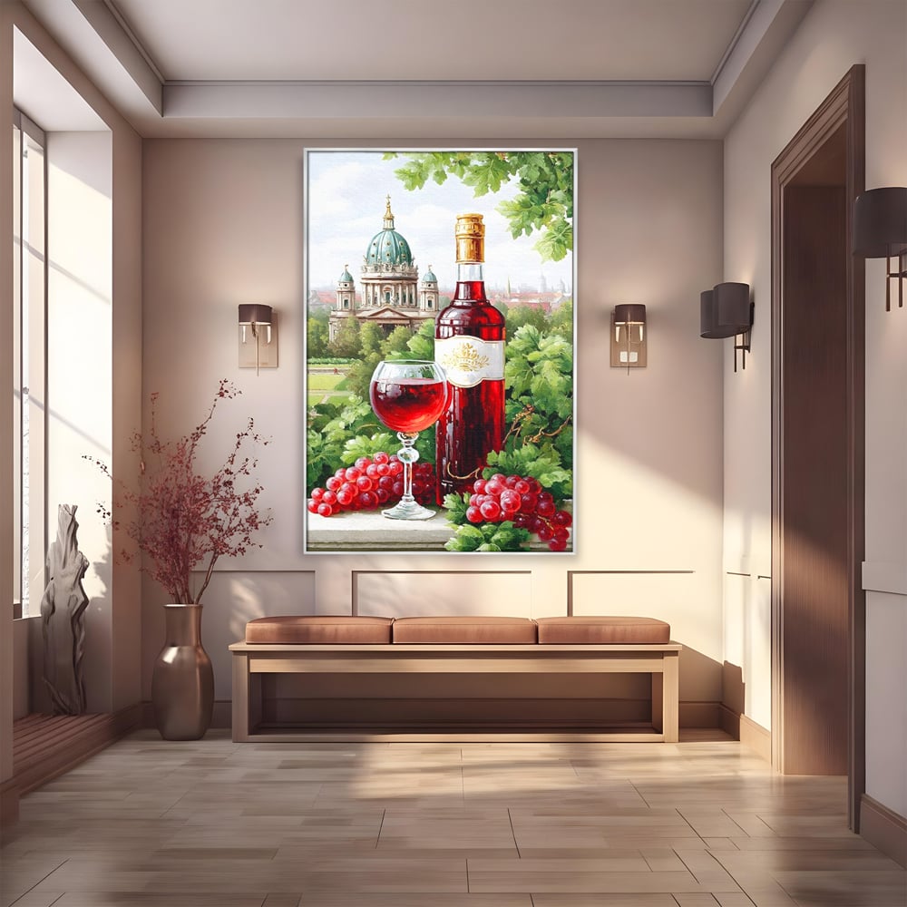 Tablou canvas cu pictura cu sticla de vin si cupola, in rama de aluminiu argintiu